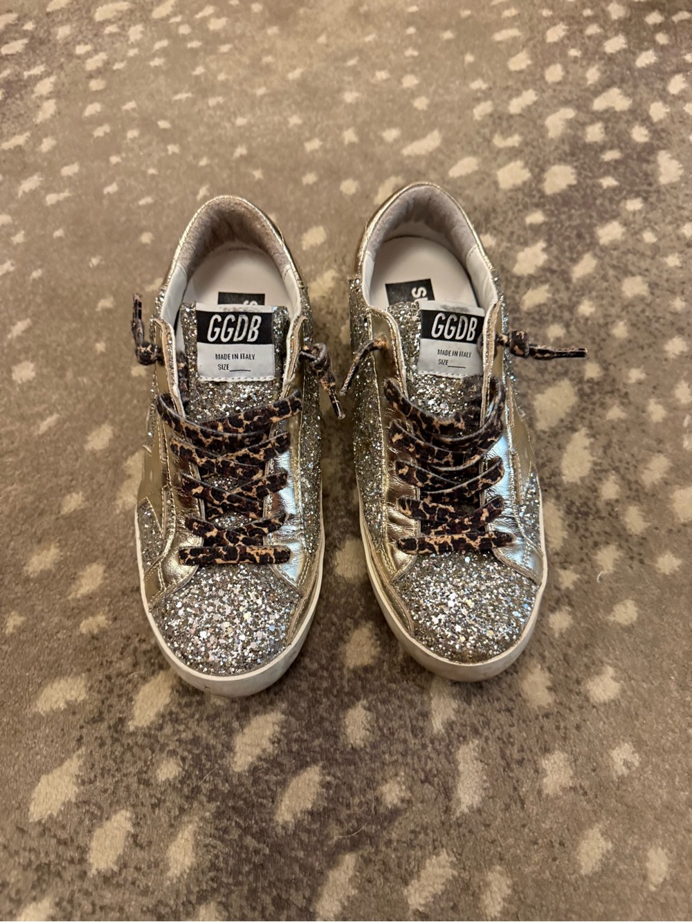 Golden Goose Silver Glitter Sneakers with Leopard Laces